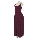 Square Neck Solid Color Big Swing Midi Dress GAXB-A704DS
