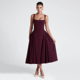 Square Neck Solid Color Big Swing Midi Dress GAXB-A704DS