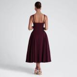 Square Neck Solid Color Big Swing Midi Dress GAXB-A704DS