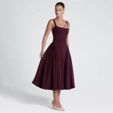 Square Neck Solid Color Big Swing Midi Dress GAXB-A704DS