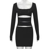 Solid Color U Neck Hollow Out Mini Dress GAXB-W216DS