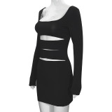 Solid Color U Neck Hollow Out Mini Dress GAXB-W216DS