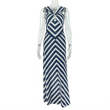 Black White Stripe V Neck Sling Maxi Dress GJYO-303183