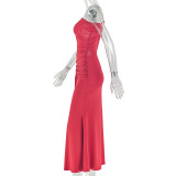 Irregular Ruched Single Shoulder Maxi Dress GJYO-302585