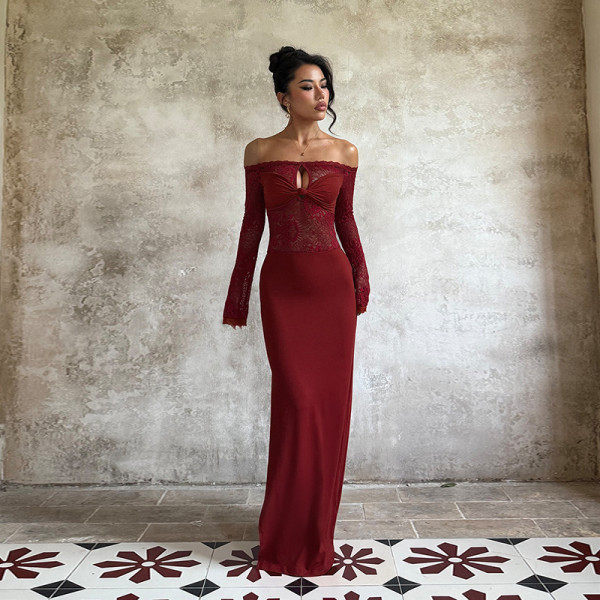 One Shoulder Long Sleeve Lace Maxi Dress FL-25437