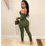Solid Color Ruched Long Sleeve Jumpsuit AIL-199