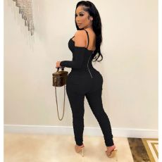 Solid Color Ruched Long Sleeve Jumpsuit AIL-199