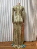 Patchwork Print Pleated Split Maxi Dress GMYU-11140