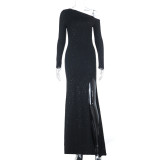 Long Sleeve Slash Shoulder Sequin Split Maxi Dress FL-25060