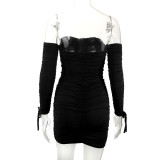 Off Shoulder Long Sleeve Pleated Mini Dress YMYF-0902