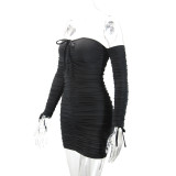 Off Shoulder Long Sleeve Pleated Mini Dress YMYF-0902