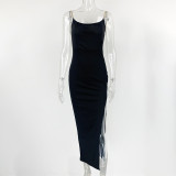 Solid Color Chain Sling Split Maxi Dress GZJF-7854