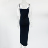 Solid Color Chain Sling Split Maxi Dress GZJF-7854