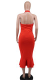 Solid Color Halterneck Casual Midi Dress XHXF-357
