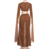 Solid Color Crop Top Long Skirts 2 Piece Set DLSF-K6S00504A