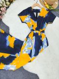 Print V Neck Ruchecd Maxi Dress GYLY-10998