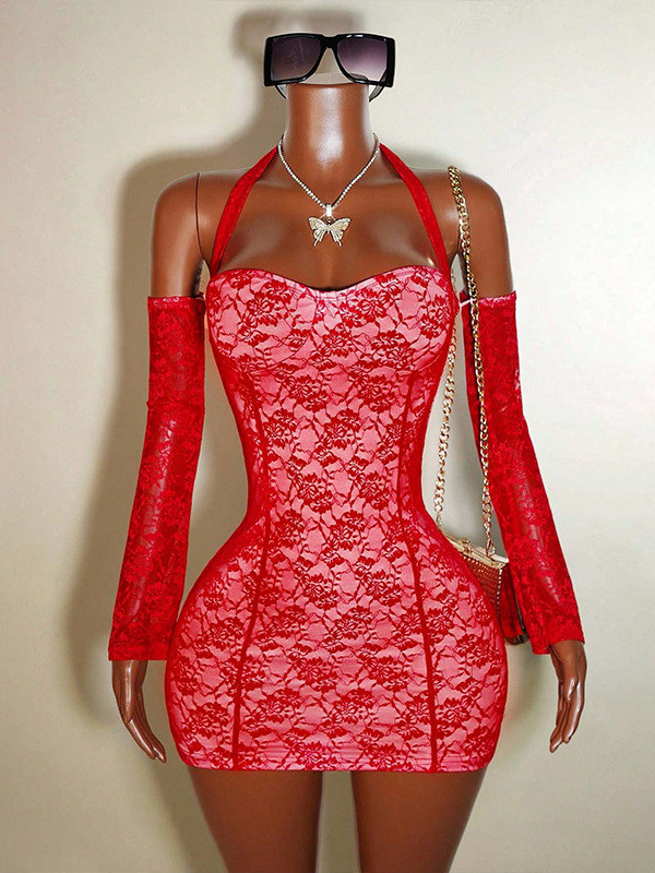 Lace Patchwork Off Shoulder Mini Dress GHYX-0254