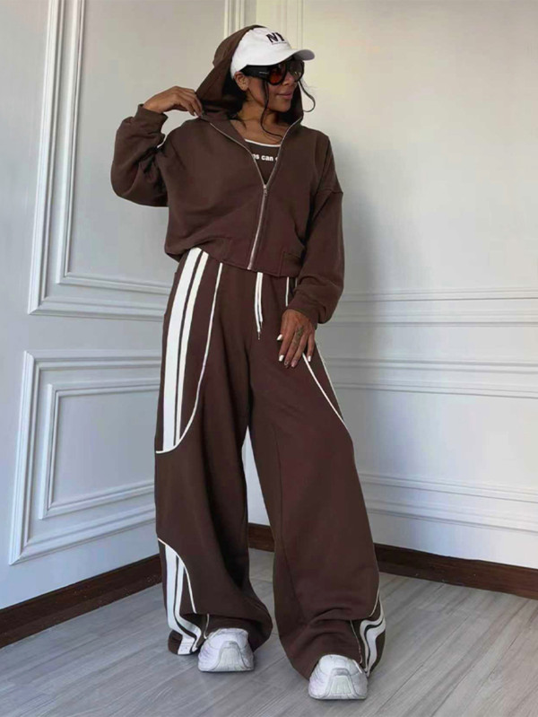 Color Block Zipper Hooded Tops Two Piece Pants Set MIL-L299