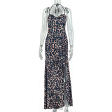 Leopard Print Irregular Backless Split Maxi Dress GJYO-303507