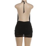 Deep V Neck Halterneck Backless Mesh Mini Dress XEF-K6D01882A