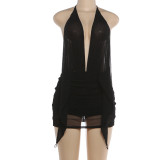 Deep V Neck Halterneck Backless Mesh Mini Dress XEF-K6D01882A