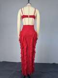 Solid Color Ruffled Edge Sling Maxi Dress GMSF-9397
