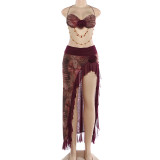 Sexy Print Flower Chain Top Irregular Long Skirt Two Piece Set XEF-K25S88469