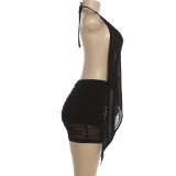 Deep V Neck Halterneck Backless Mesh Mini Dress XEF-K6D01882A