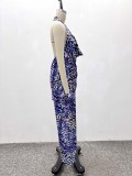 V Neck Print Backless Top Two Piece Pants Set GQZF-8000