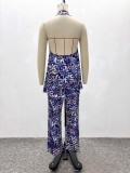 V Neck Print Backless Top Two Piece Pants Set GQZF-8000