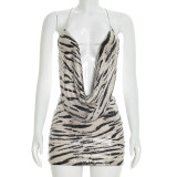 Zebra Print Sequined Sling Backless Two Piece Skirts Set GSZM-D26ST050
