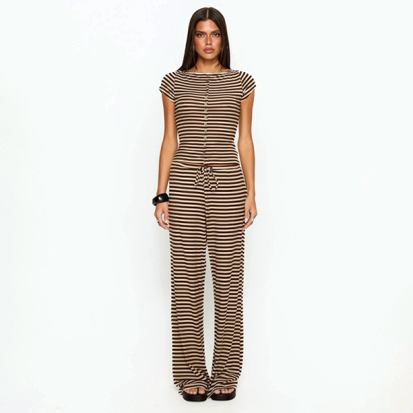Knits Stripe Patchwork Loose Two Piece Pants Set GSZM-J26ST078