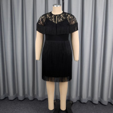 Plus Size Lace Patchwork Tassel Shawl + Sling Dress 2 Piece Set GKEN-AST051076