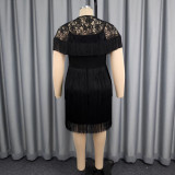 Plus Size Lace Patchwork Tassel Shawl + Sling Dress 2 Piece Set GKEN-AST051076