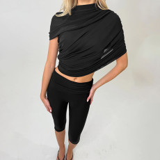 Solid Color Ruched Tops Seventh Pants Suit GDSF-J26ST024