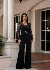 Mesh Embroidery Belt Wide Leg Jumpsuit LA-6006