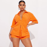 Solid Color Short Sleeve Shirt Two Piece Shorts Set YNSF-8027