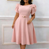 Plus Size Short Sleeve Solid Midi Dress GCZF-8654