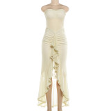 Off Shoudler Ruched Ruffles Split Maxi Dress DLSF-K6D00997A