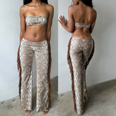 Sexy Wrap Chest Top Tassel Pants 2 Piece Set GZJQ-K6S00235A