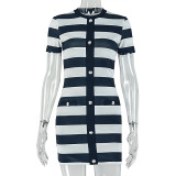 Black White Stripe Short Sleeve Mini Dress GJYO-305038