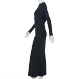 Long Sleeve Solid Color Ruched Maxi Dress GJYO-305058