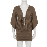 V Neck Tie Up Ruched Mini Dress GPKJ-MR48178