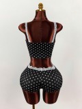 Lace Patchwork Polka Dots Print Two Piece Shorts Set GXIY-K25L1867