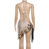 Stripe Print Tie Up Tassel Bikinis 3 Piece Swimsuit XEF-K6F02759A