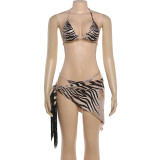 Stripe Print Tie Up Tassel Bikinis 3 Piece Swimsuit XEF-K6F02759A