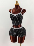 Lace Patchwork Polka Dots Print Two Piece Shorts Set GXIY-K25L1867