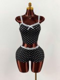 Lace Patchwork Polka Dots Print Two Piece Shorts Set GXIY-K25L1867