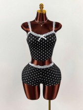 Lace Patchwork Polka Dots Print Two Piece Shorts Set GXIY-K25L1867