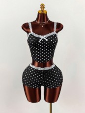 Lace Patchwork Polka Dots Print Two Piece Shorts Set GXIY-K25L1867